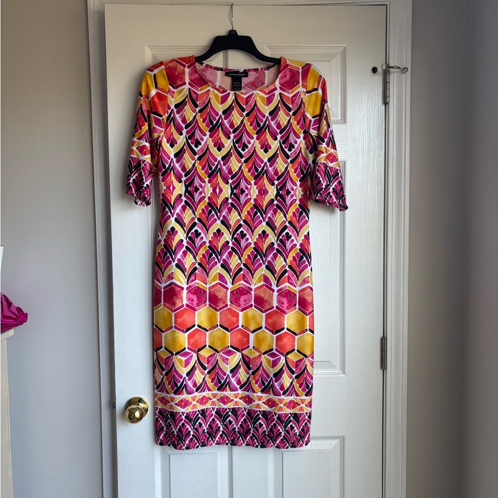 Ashley Stewart Pink and Yellow Patterned Midi Dress